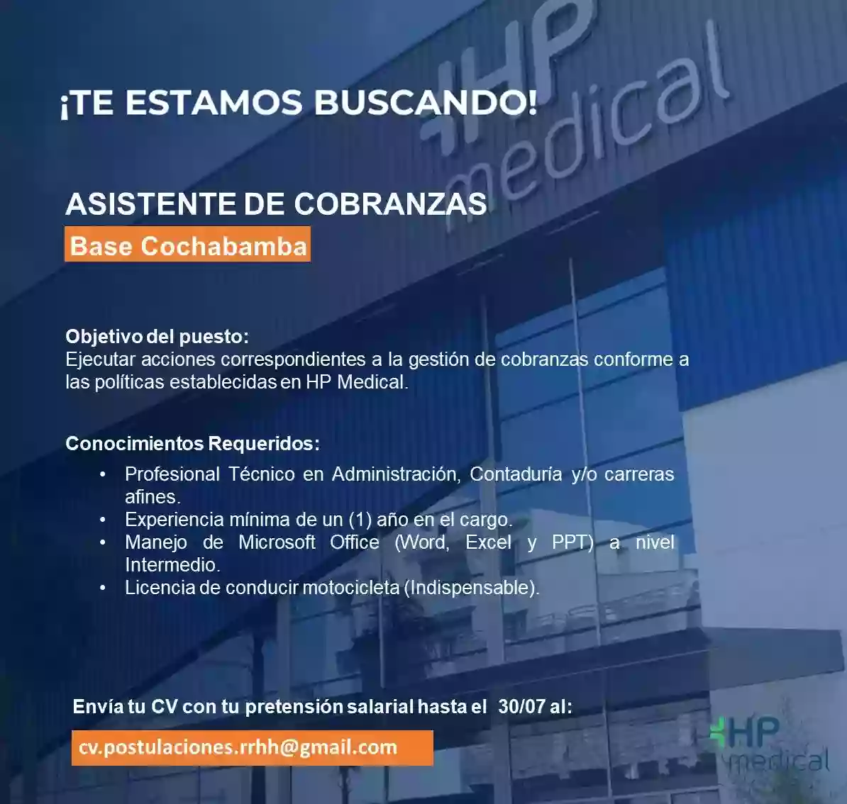 TRABAJOS BOLIVIA ASISTENTE DE COBRANZAS HP MEDICAL